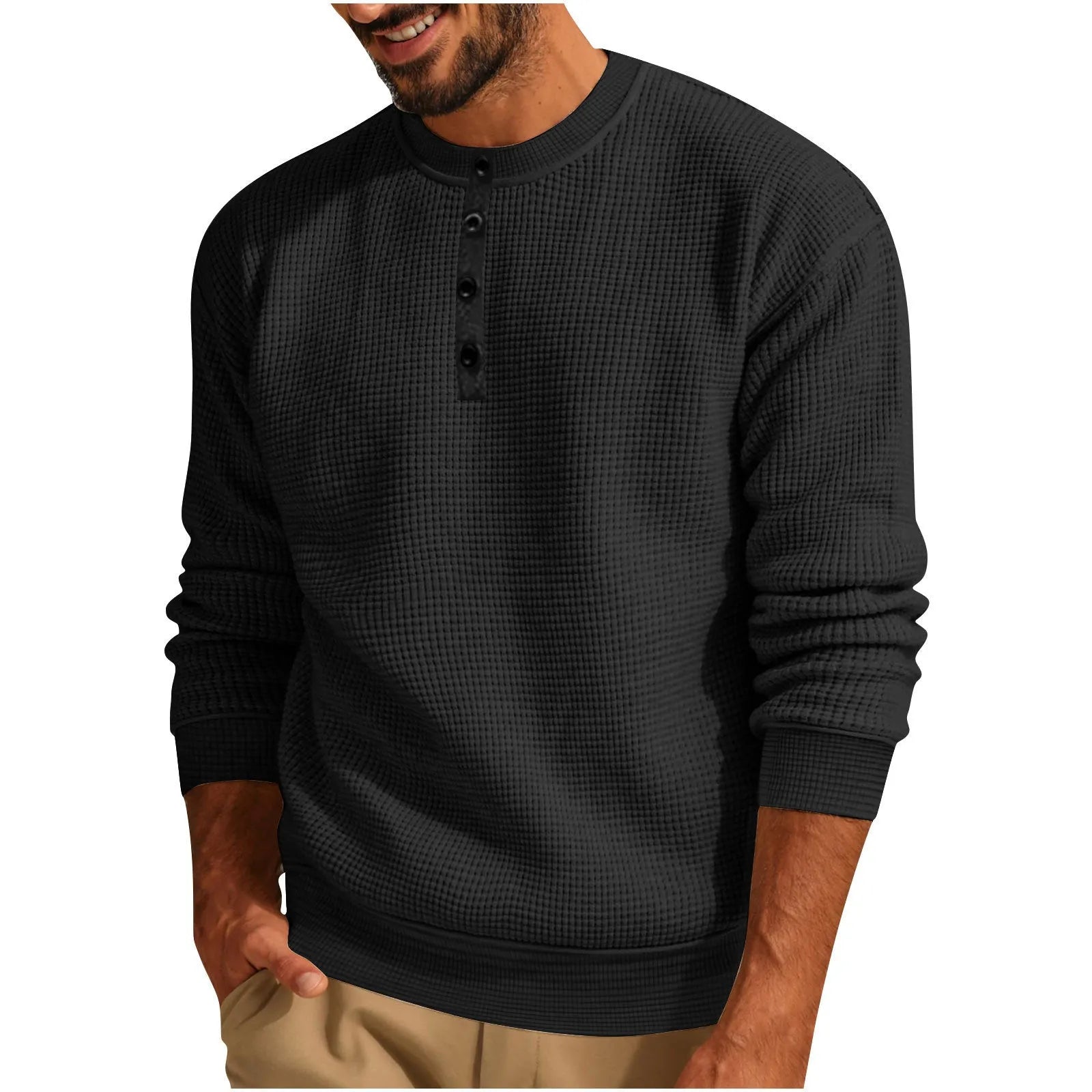 Solid colour long sleeve waffle Henley shirt for men in loose fit, shown in Black