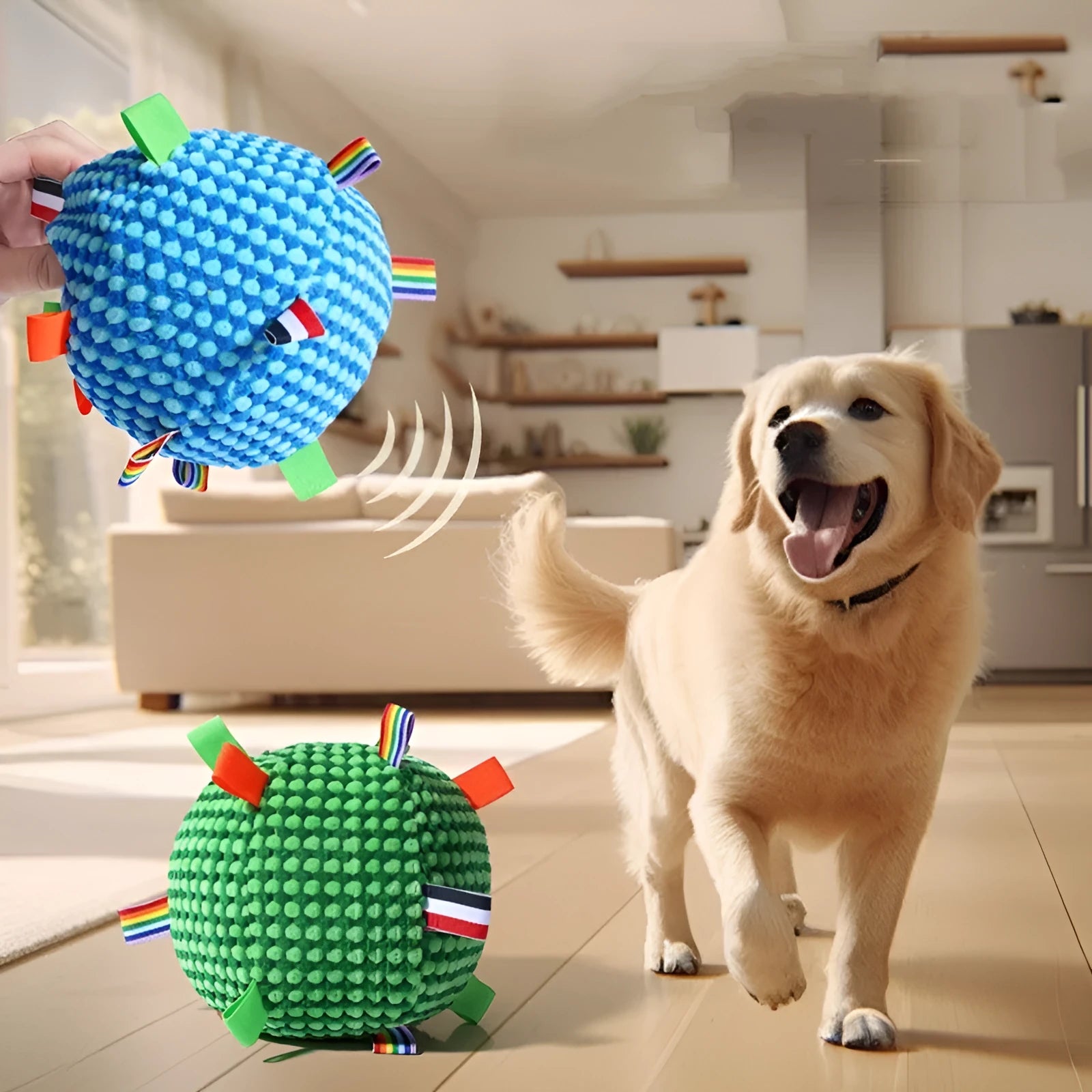 Blue and yellow vocal molar ball dog toy with textured surface and ring shape on a plain background.