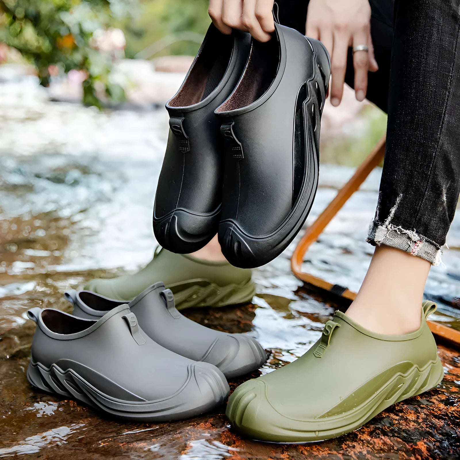 Men's plastic rain boots in solid colours with casual design for wet weather wear