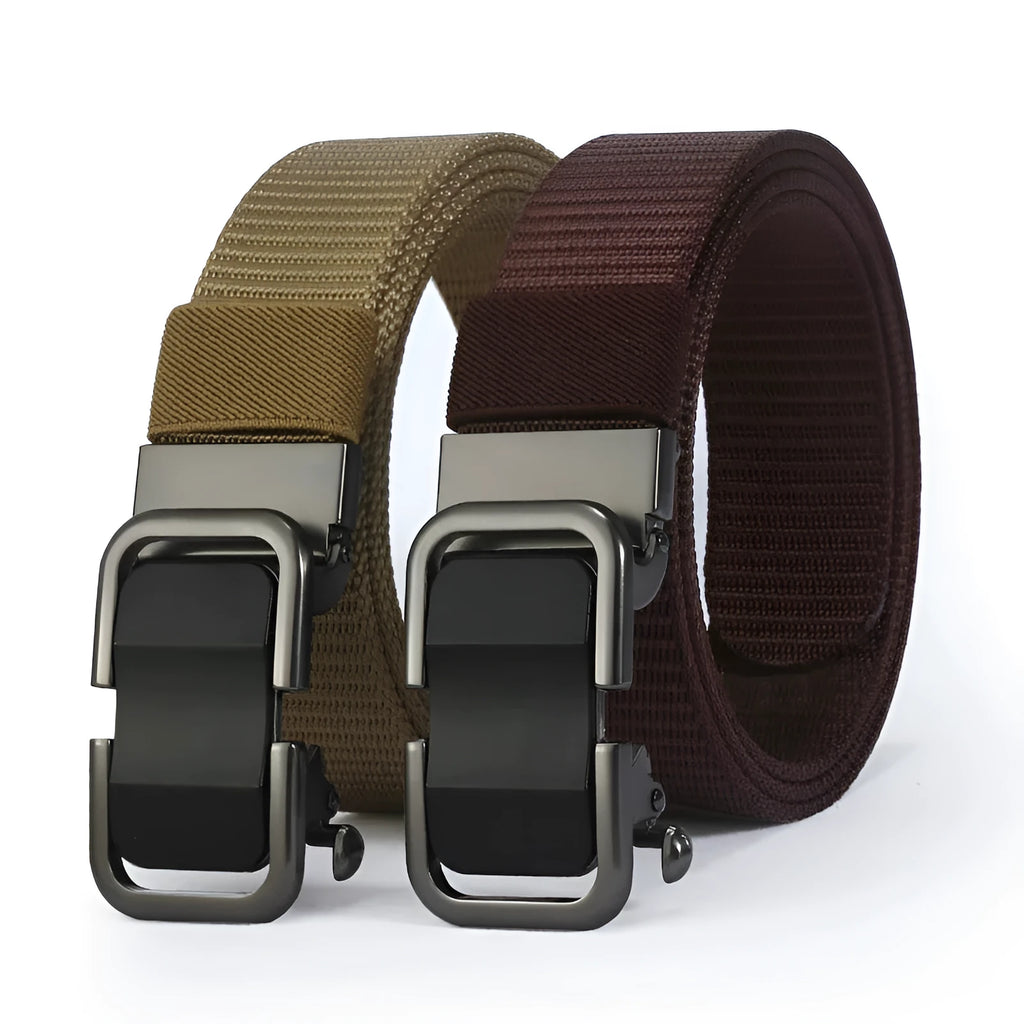 Men's nylon canvas belt with a toothless alloy buckle, shown in army green.