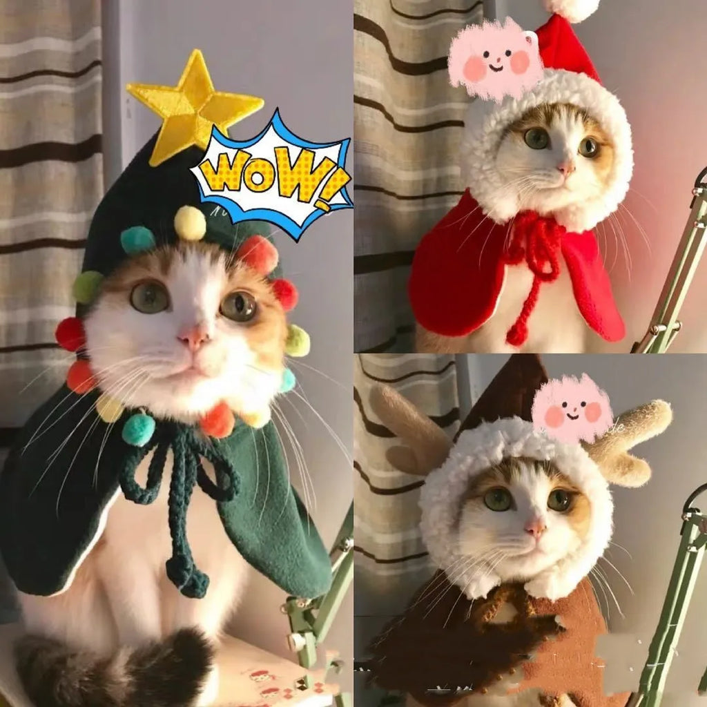 Cat and small dog festive cloak clothing in Christmas red, green and elk brown colours