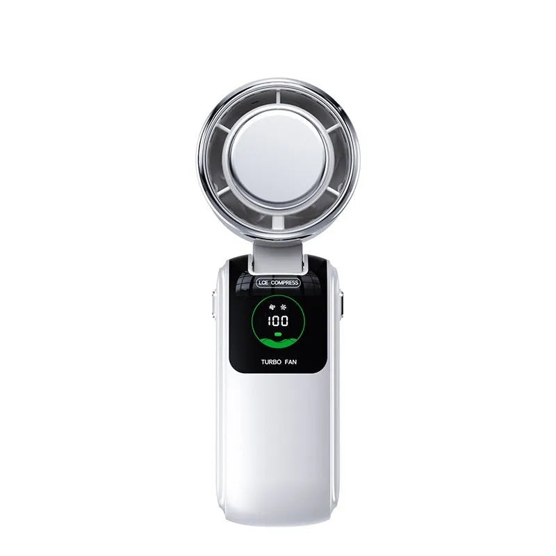 USB handheld electric fan in folded position showing adjustable speed controls and hanging loop