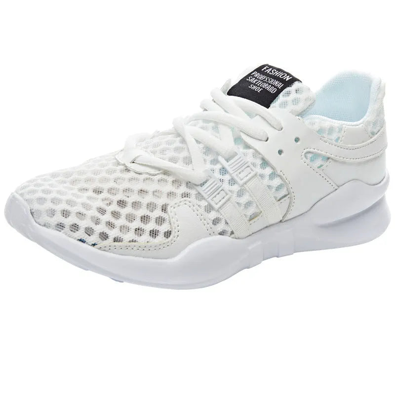 Breathable mesh casual sneakers with hollow-out design and round toe in black and white colour options