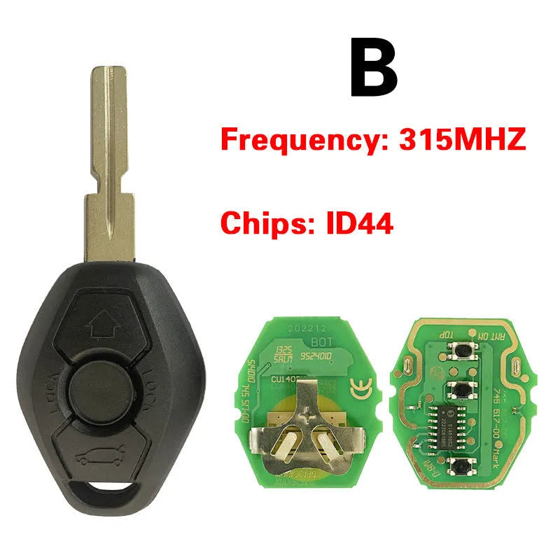BMW EWS 3 button remote car key replacement blank with ID44 chip and HU58 blade.