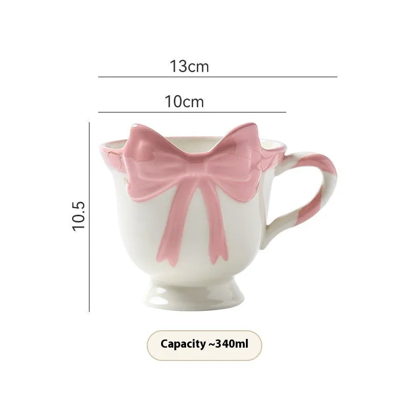 Girl heart bow pattern ceramic mug in black pink or white powder colour, 301-400ml capacity