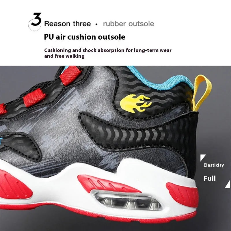 Children's rotating button basketball shoes in multiple colours with waterproof feature and PU sole