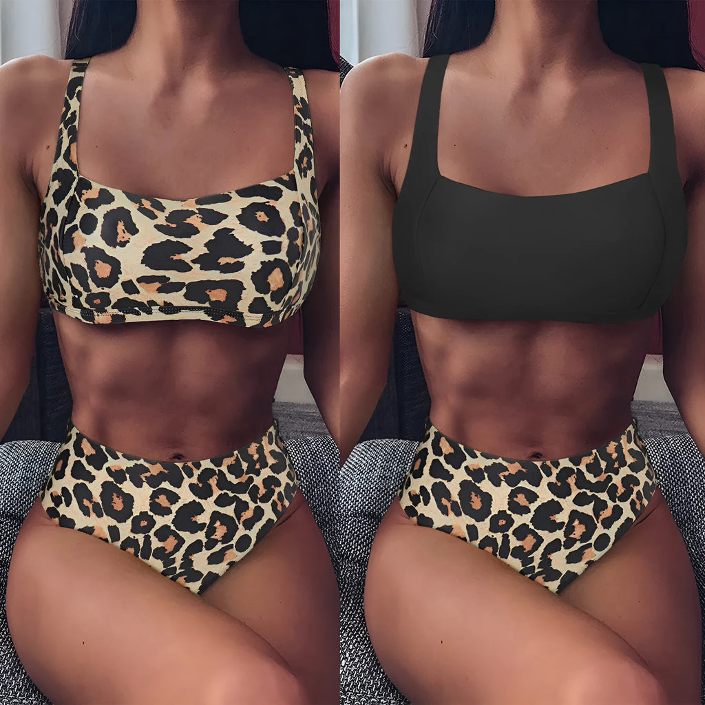 Women's leopard print high waist bikini with push-up bra in Army Green colour