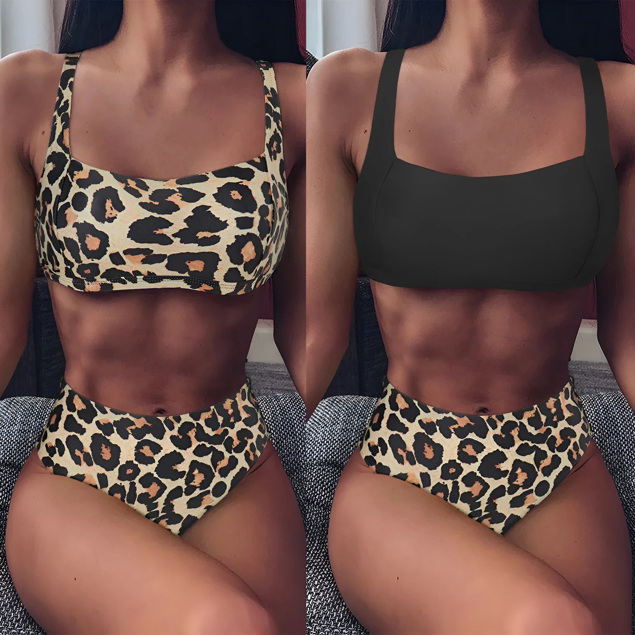 Women's leopard print high waist bikini with push-up bra in Army Green colour