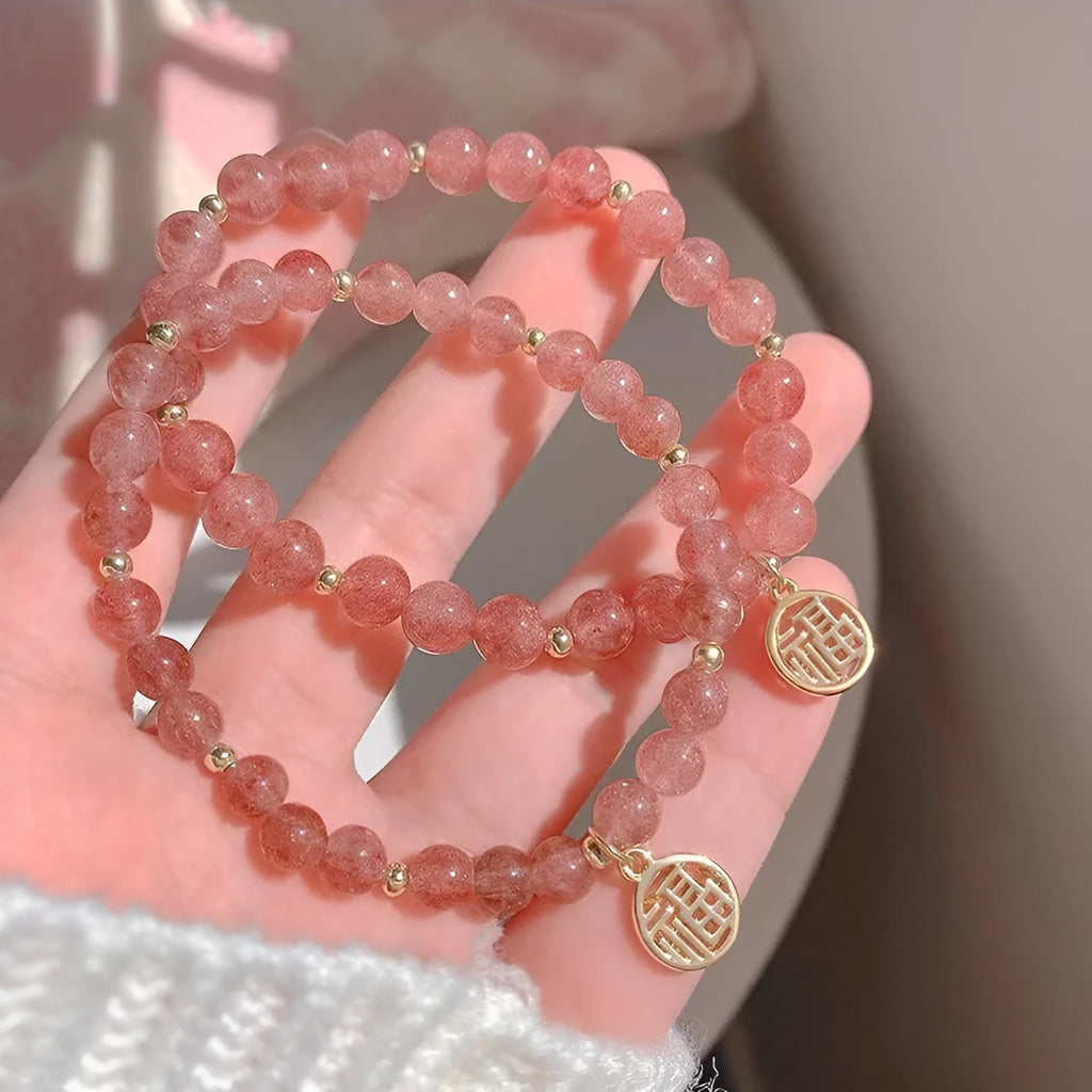 Strawberry quartz bracelet with blessing card in New Chinese style, manual processing, glass beads