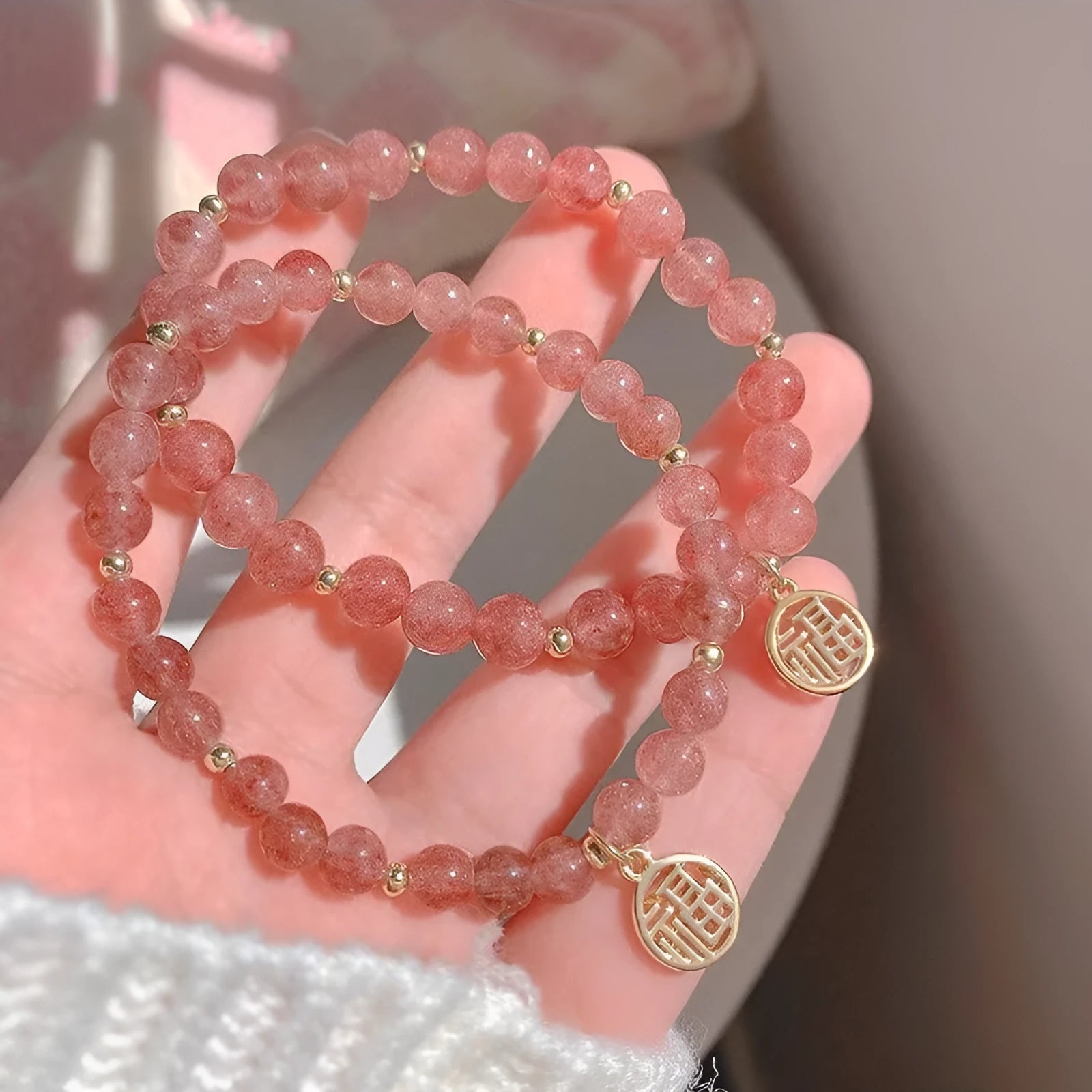 Strawberry quartz bracelet with blessing card in New Chinese style, manual processing, glass beads