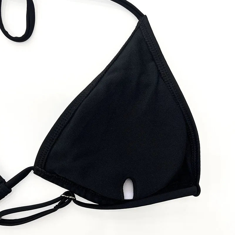 Black mesh bikini four-piece set with long sleeve top and briefs for women's swimming