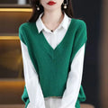 Women's creamy-white sleeveless v-neck knit vest with a 3D textured pattern, laid flat.