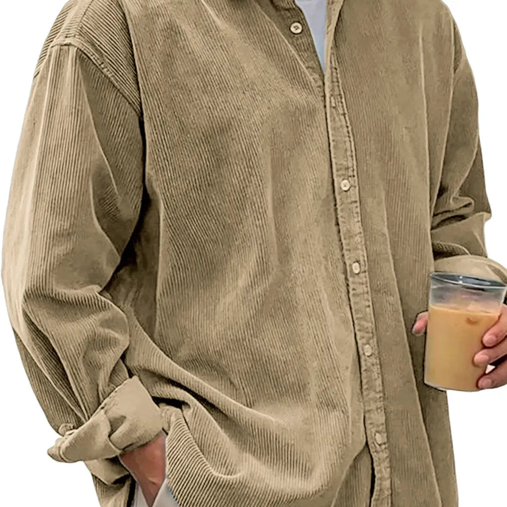 Men's casual loose corduroy shirt jacket in solid colour, cardigan style, autumn winter wear