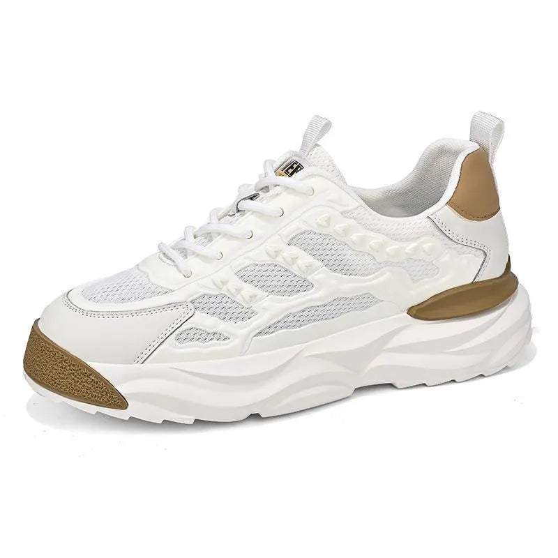 Men's solid colour breathable mesh shoes with round toe, shown in white and black.