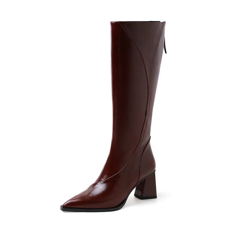 Black retro-style women's high heel riding boots made from cowhide with a waterproof platform.