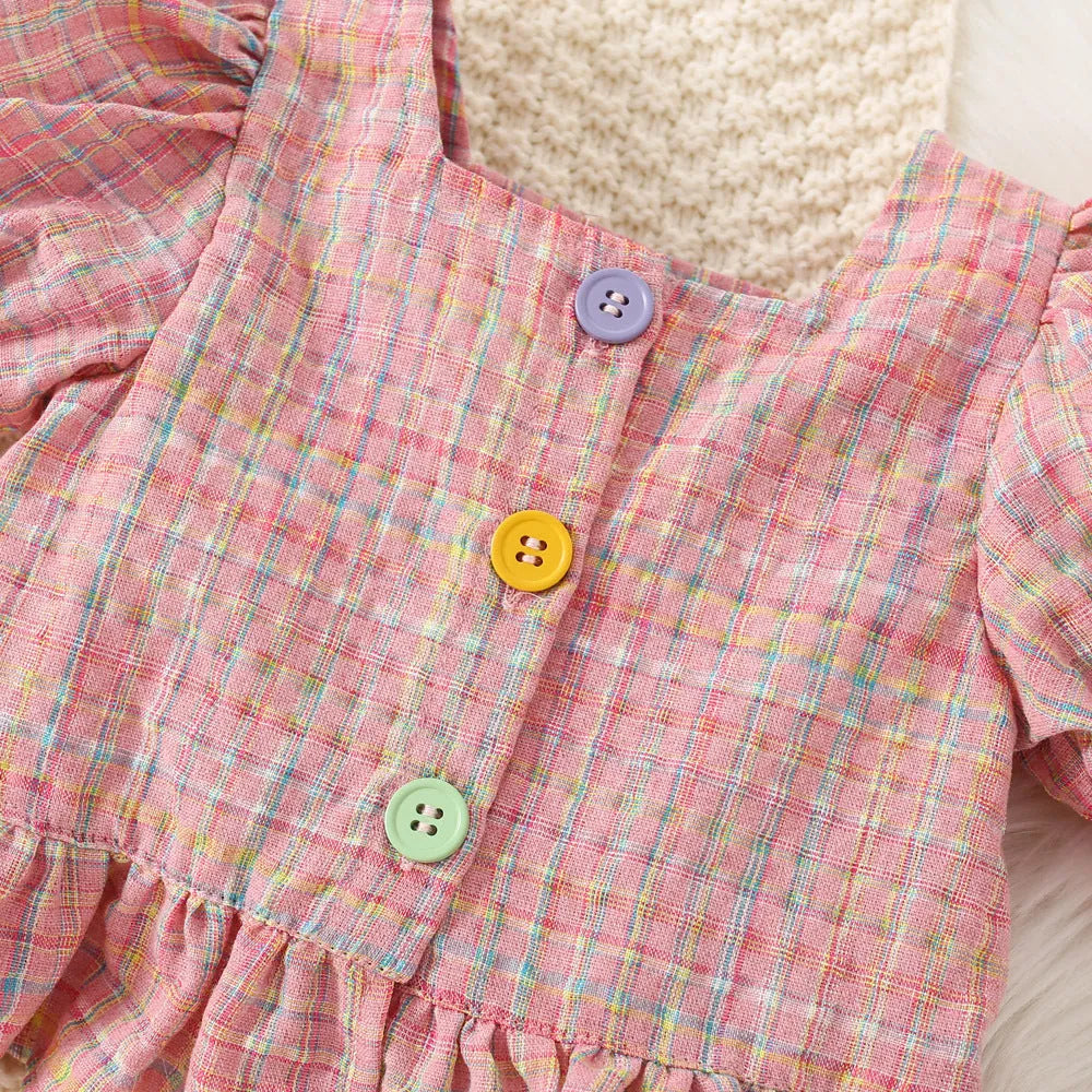 Girls cotton plaid top and shorts suit two-piece set in red, flat lay view