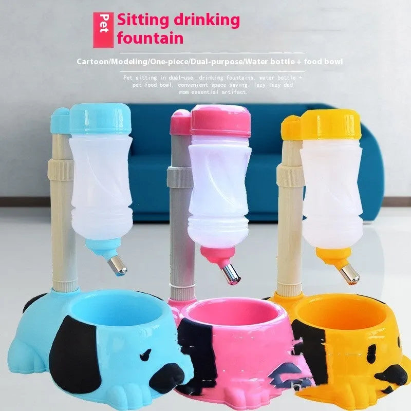 A pink adjustable rod-lifting pet water bowl showing the height mechanism.