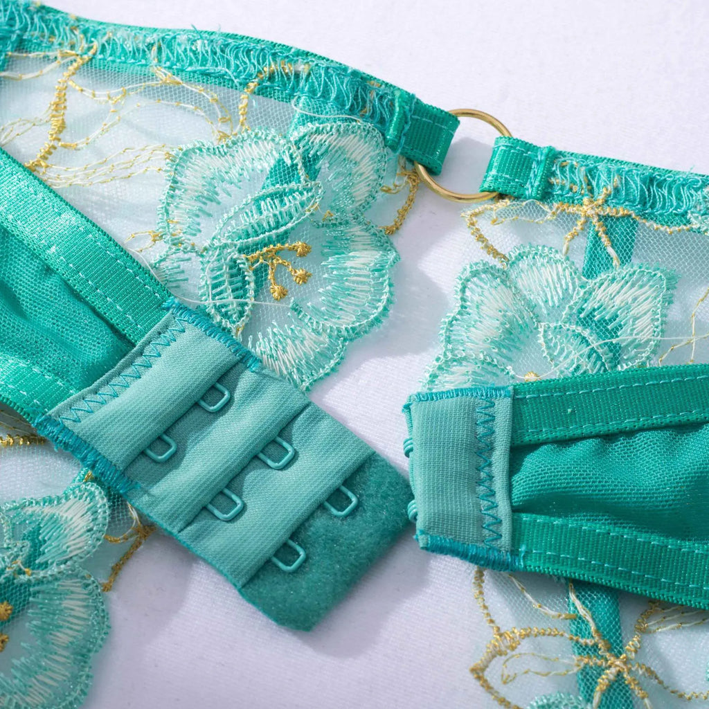 Light green women's fashion bra set with embroidery detailing and three-point tights fit design