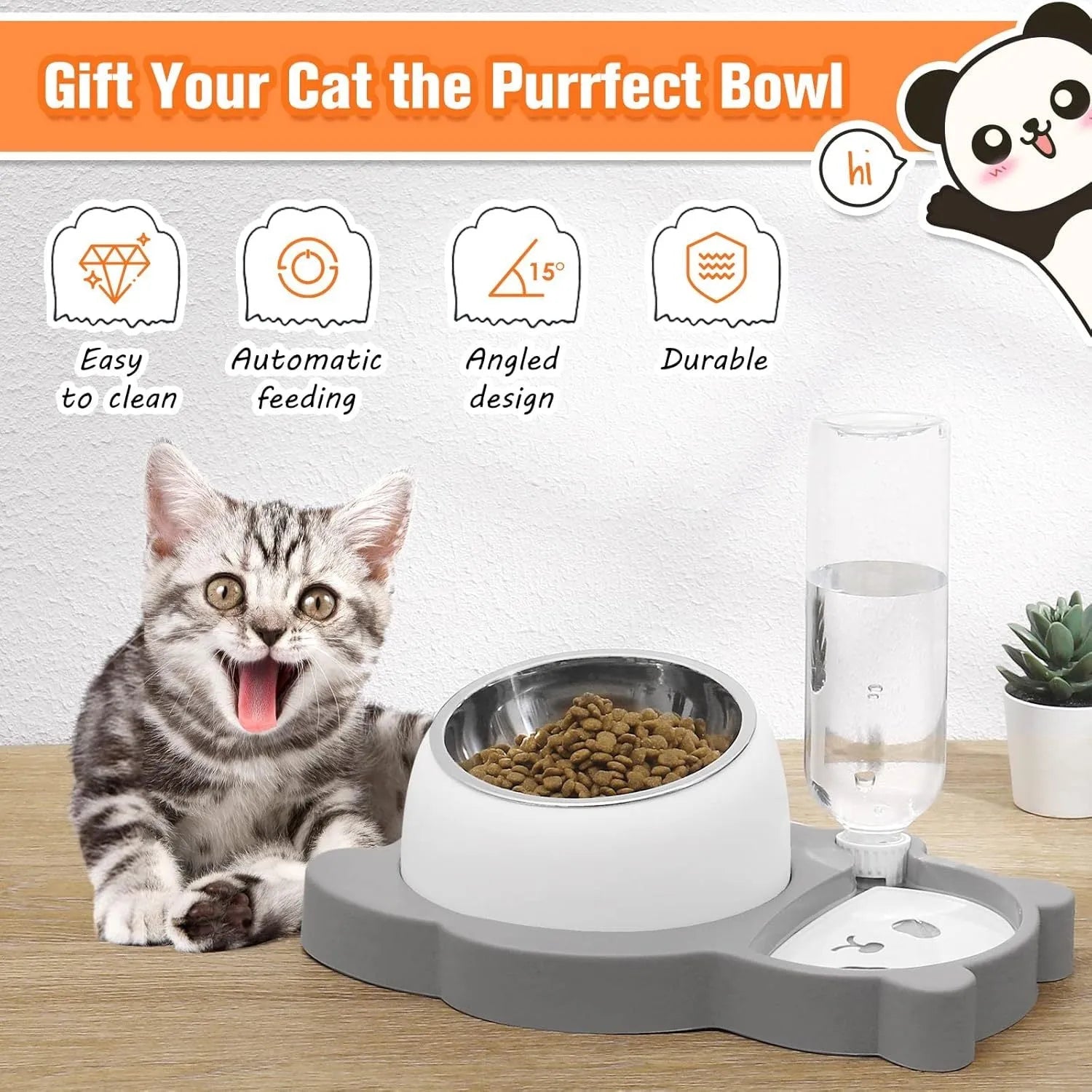 Grey and green panda-shaped elevated pet bowl set with tilted stainless steel bowls and a large automatic water bottle.