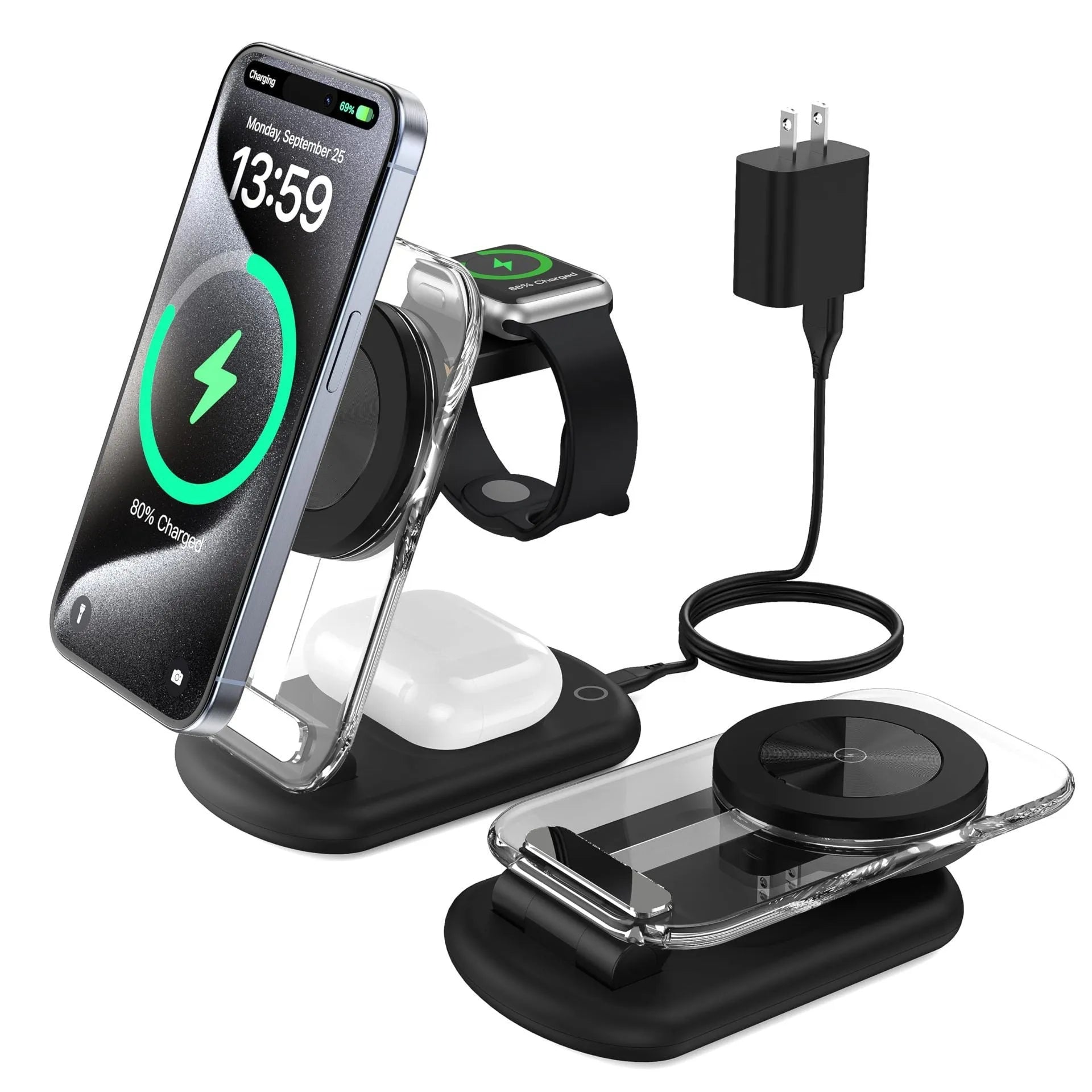 Transparent folding three-in-one magnetic wireless charger in black on a white background.