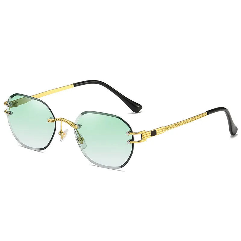 Trimming sunglasses with ocean lens design showing gold mirror frames and polarised pink lenses