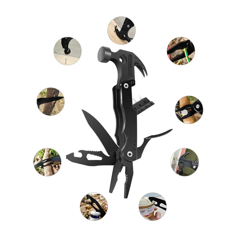 Multifunctional nail hammer with metal head, 160x75x23mm size, and claw on a storage bag