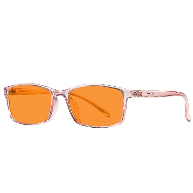 Orange anti-blue light glasses on a colour box, showing one of four available frame colour options.