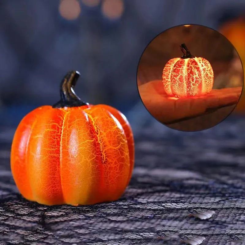 Three Halloween pumpkin lanterns in short, medium, and long sizes with LED illumination and realistic surface cracks