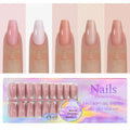 Box of nude seamless removable nail stickers showing eight different colour variations.