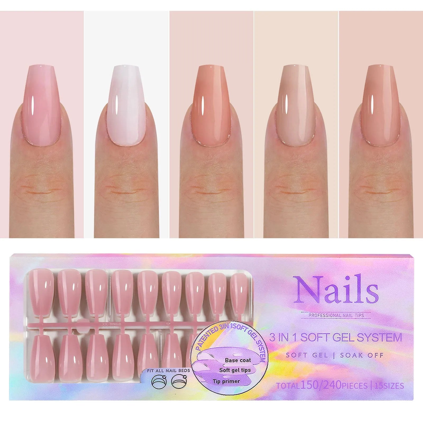 Box of nude seamless removable nail stickers showing eight different colour variations.