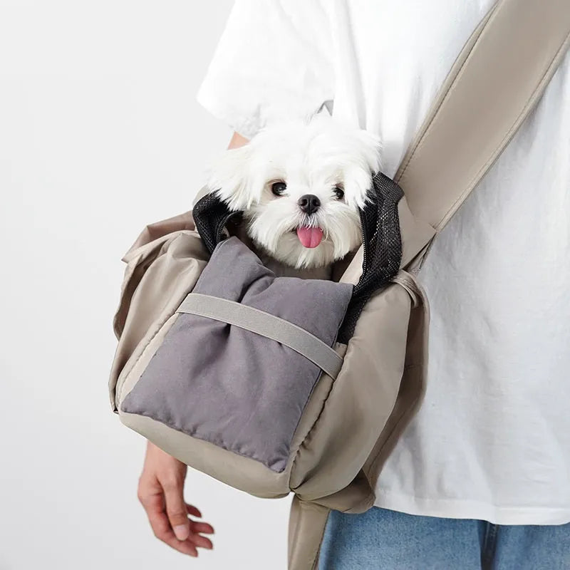 Apricot-coloured cloth pet handbag carrier for cats and small dogs, shown with dimensions 41cm long.