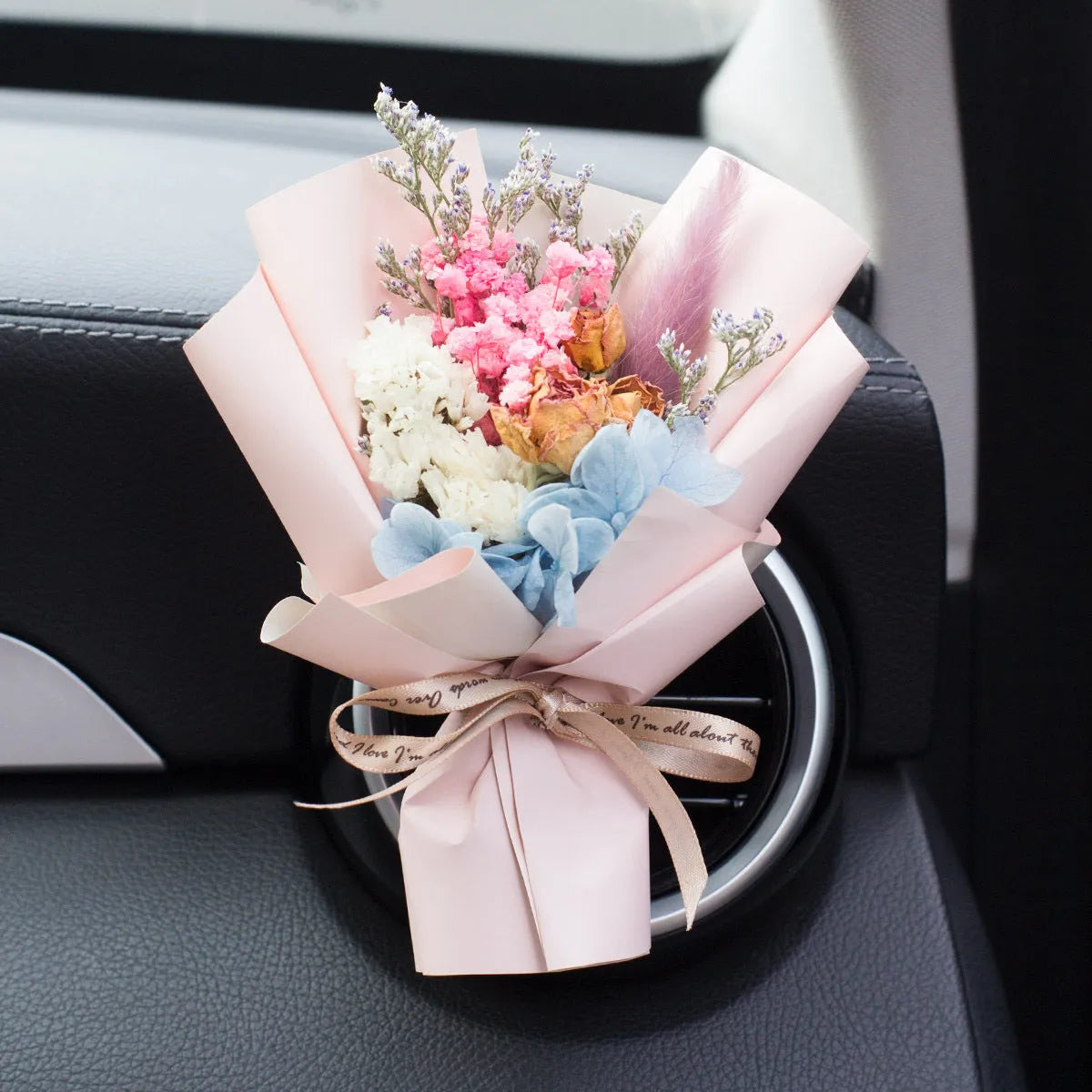 Handmade dried flower bouquet car vent air freshener clip in assorted colours.