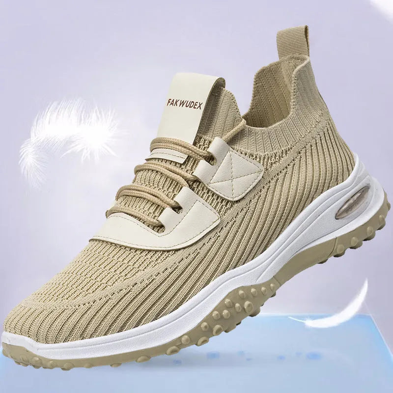 Flyknit breathable low-top running shoes in black and brown colour options with flat heel and mesh lining
