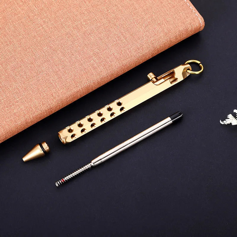Brass hexagonal roller pen with six-angle barrel showing 0.5mm tip