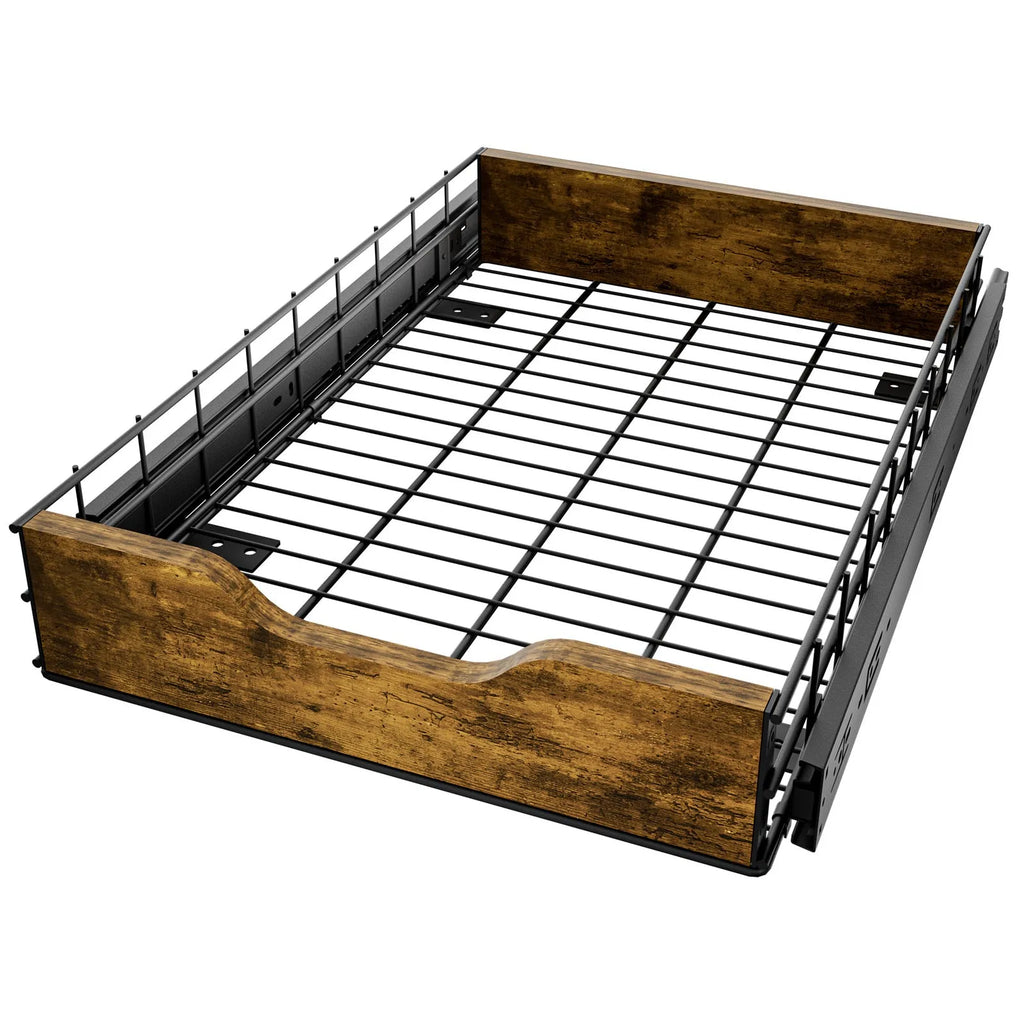 A black modern storage rack with wooden pull baskets and an iron frame for kitchen organisation.