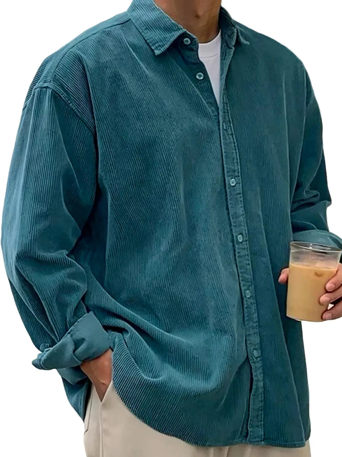 Men's casual loose corduroy shirt jacket in solid colour, cardigan style, autumn winter wear