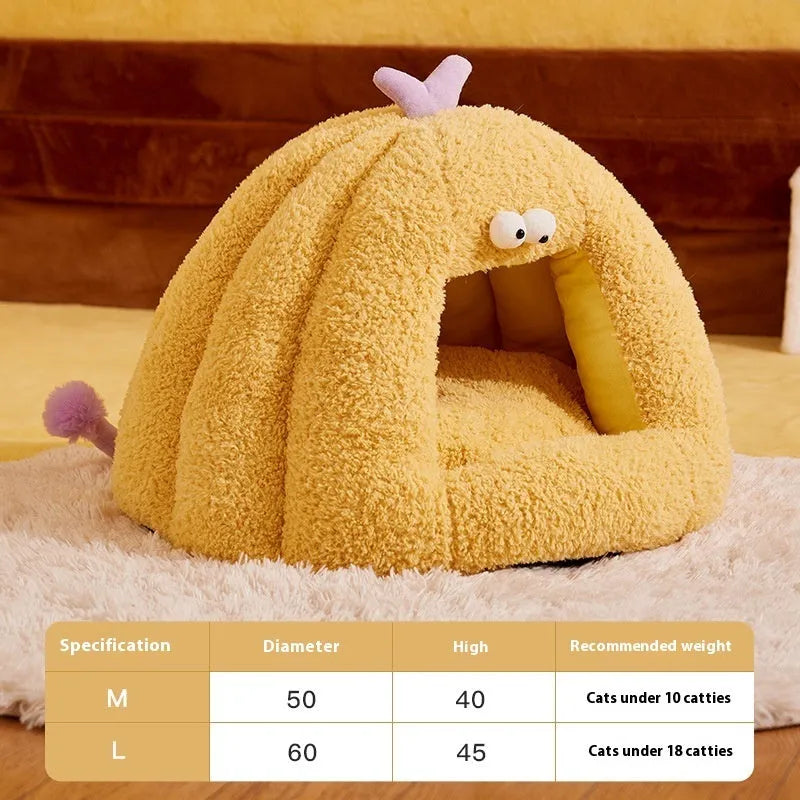 Monster-shaped semi-enclosed cat kennel in PP cotton bubble velvet, shown in green colour.