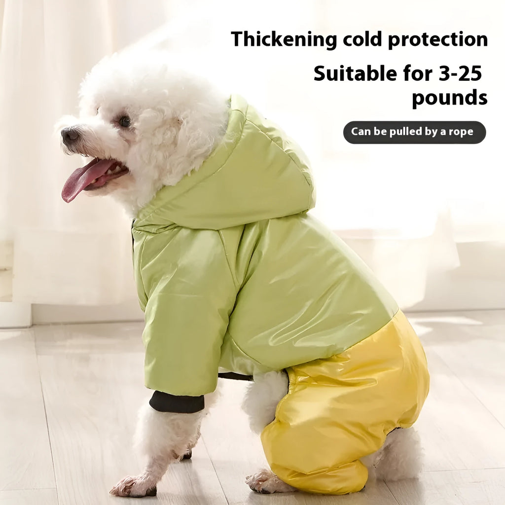 Green waterproof four-legged dog coat on a pet, showing full torso and leg coverage.