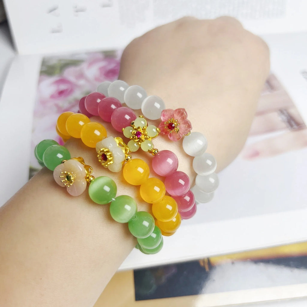 Handmade floral glass bead bracelet women's jewellery in yellow, pink, white or green colour options