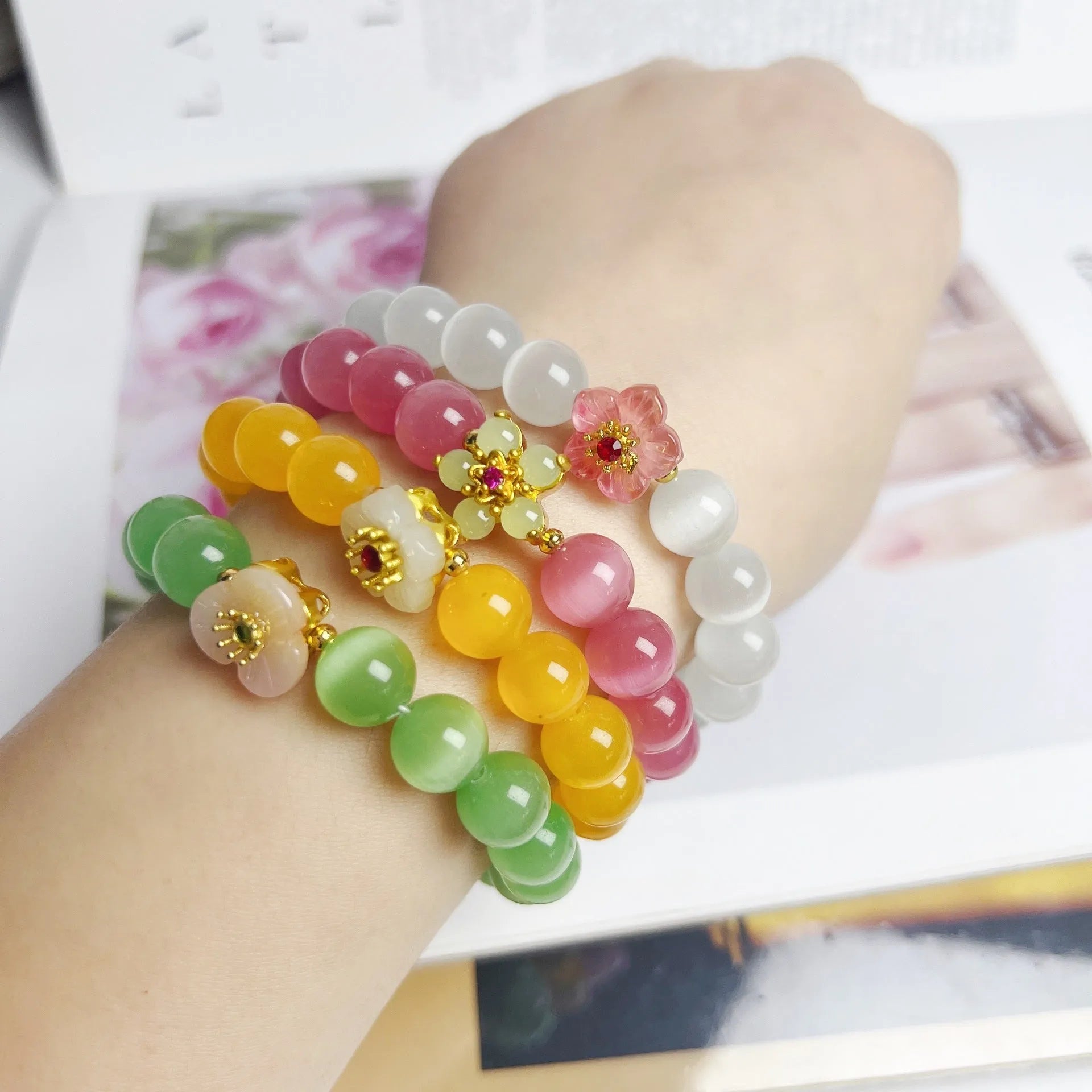 Handmade floral glass bead bracelet women's jewellery in yellow, pink, white or green colour options