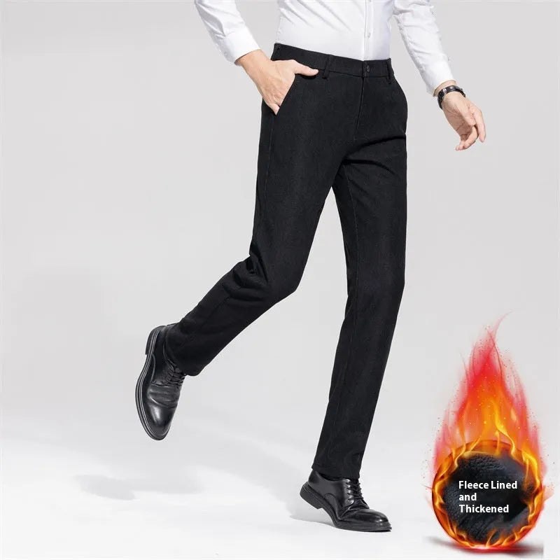 Men's fleece-lined casual trousers in black, thickened for winter, mid waist zip fly, size 34