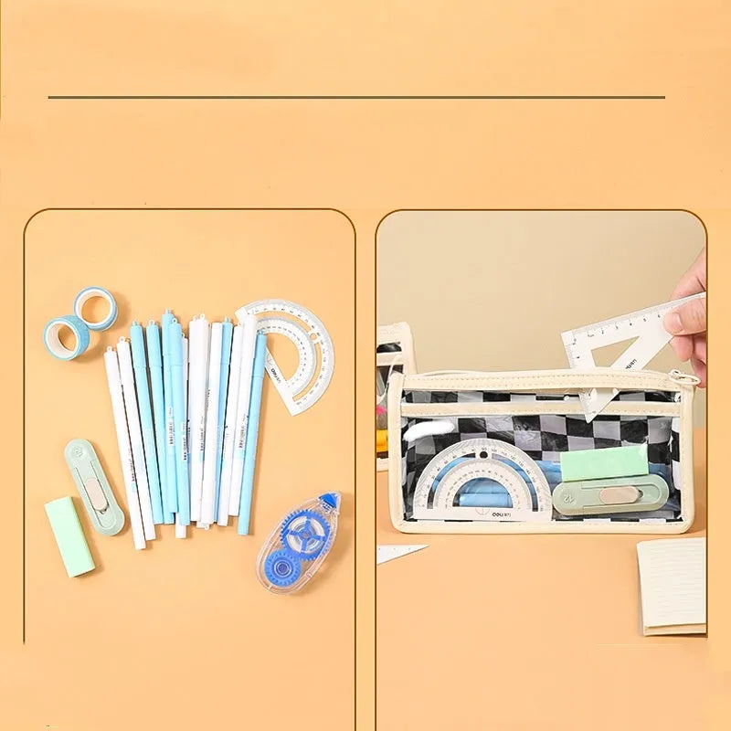 Transparent PVC pencil case with chessboard pattern, open to show large interior for pens.