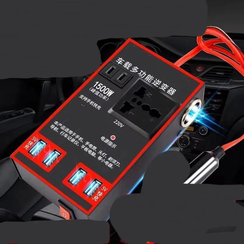 Black automotive power converter for 12V/24V to 220V transformation with USB charging ports