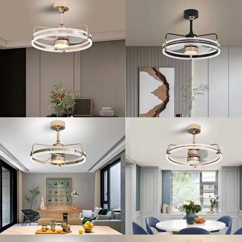 Modern overhead fan light with acrylic lampshade and black ABS fan blades, shown with remote control.