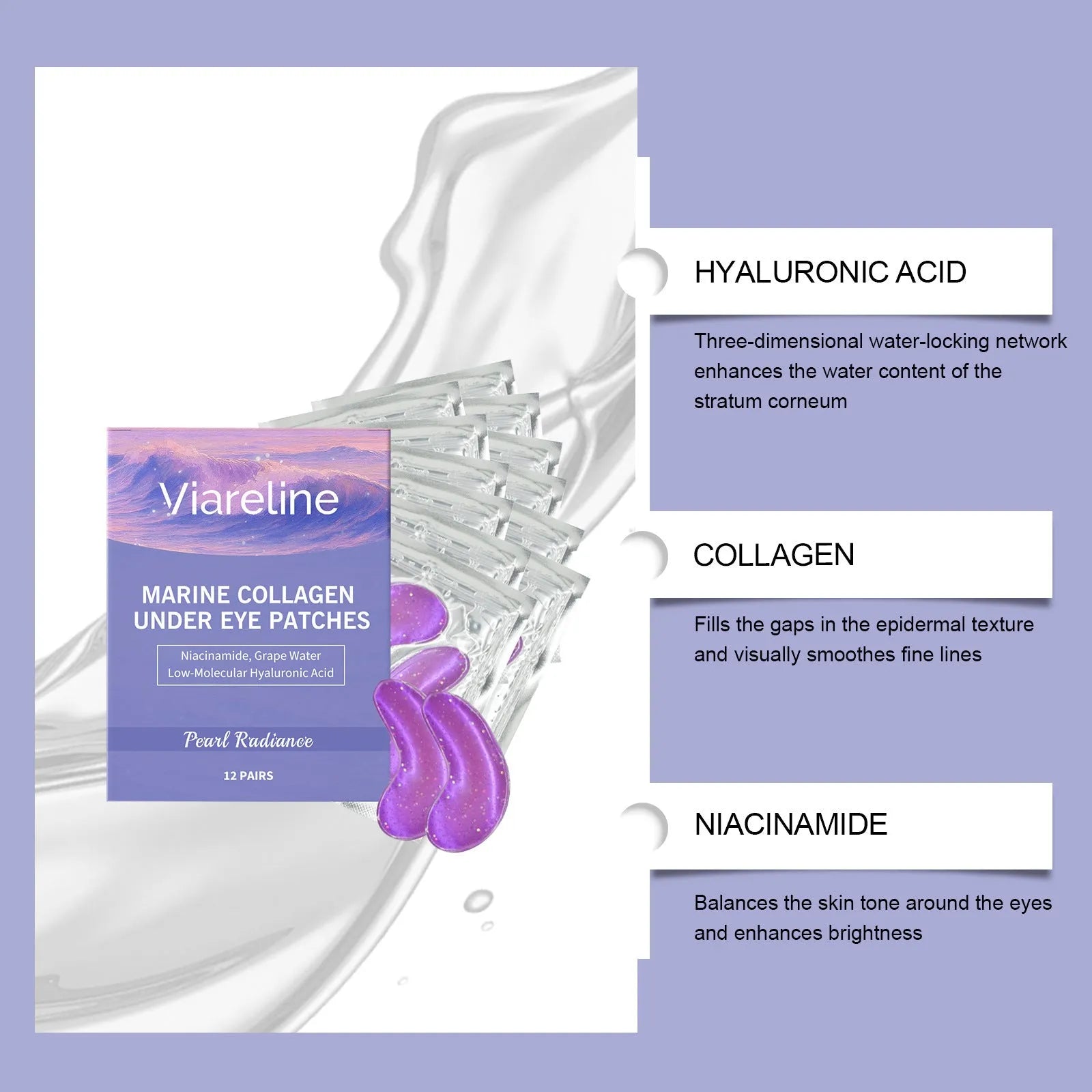 Collagen eye mask treatment with hyaluronic acid in 12-pair packaging