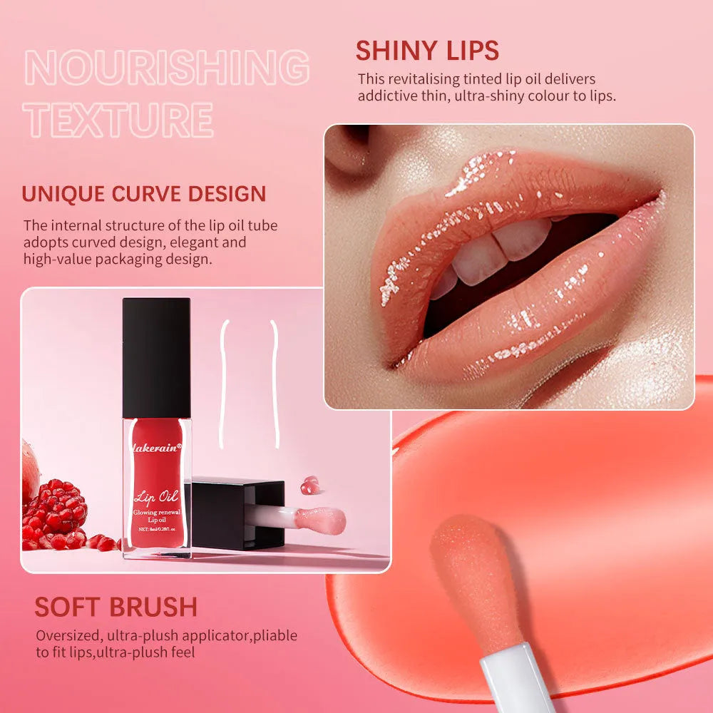Glow Lip Gloss tube in 8ml size showing one of seven colours: Coral, Clear, Honey, Jam, Pink, Red, or Rose.