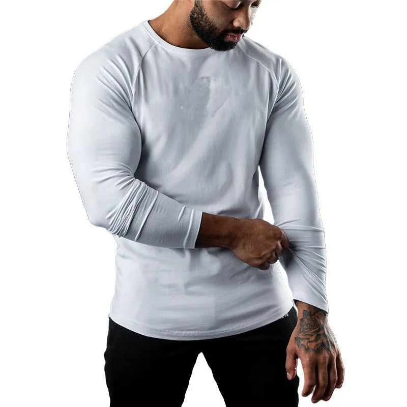 Men's tight-fitting long sleeve cotton sports t-shirt in multiple colours for exercise.