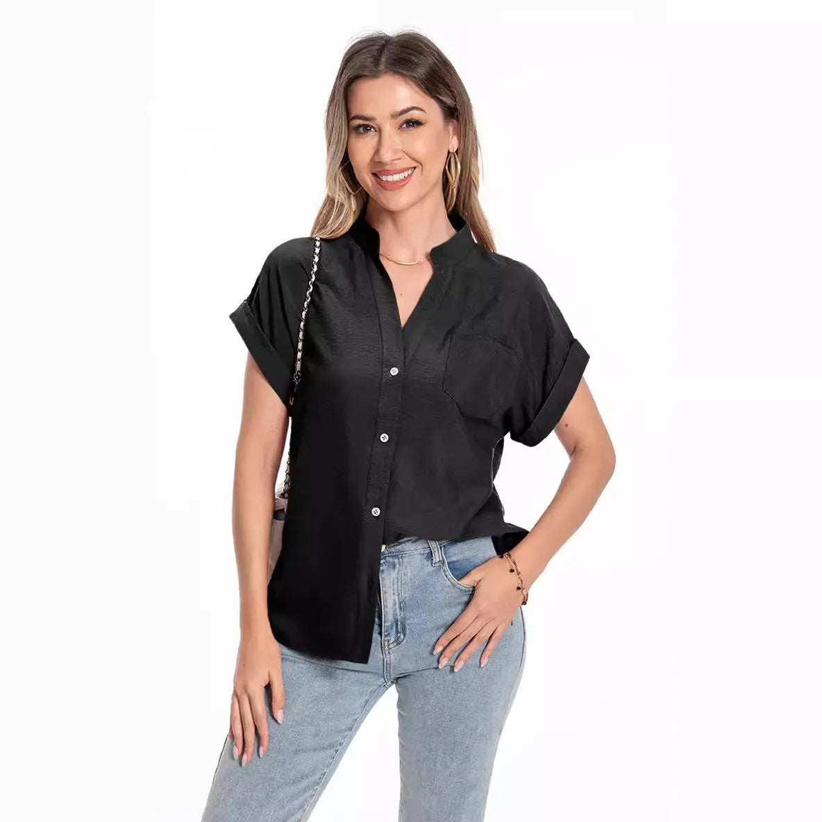 Women's loose fit stand collar button short sleeve top in Army Green colour