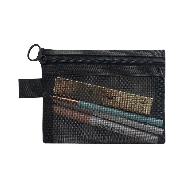 Transparent mesh nylon gauze cosmetics storage bag with zipper closure, available in multiple sizes
