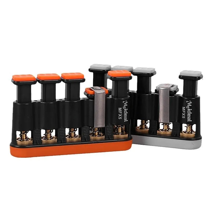 Grey and orange non-slip silicone finger trainer for guzheng, piano, and guitar hand muscle development.